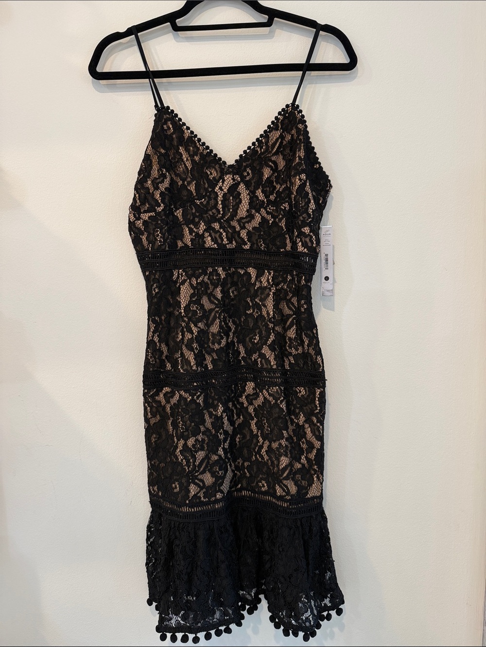 Aqua Black Lace Midi Dress with Nude Lining